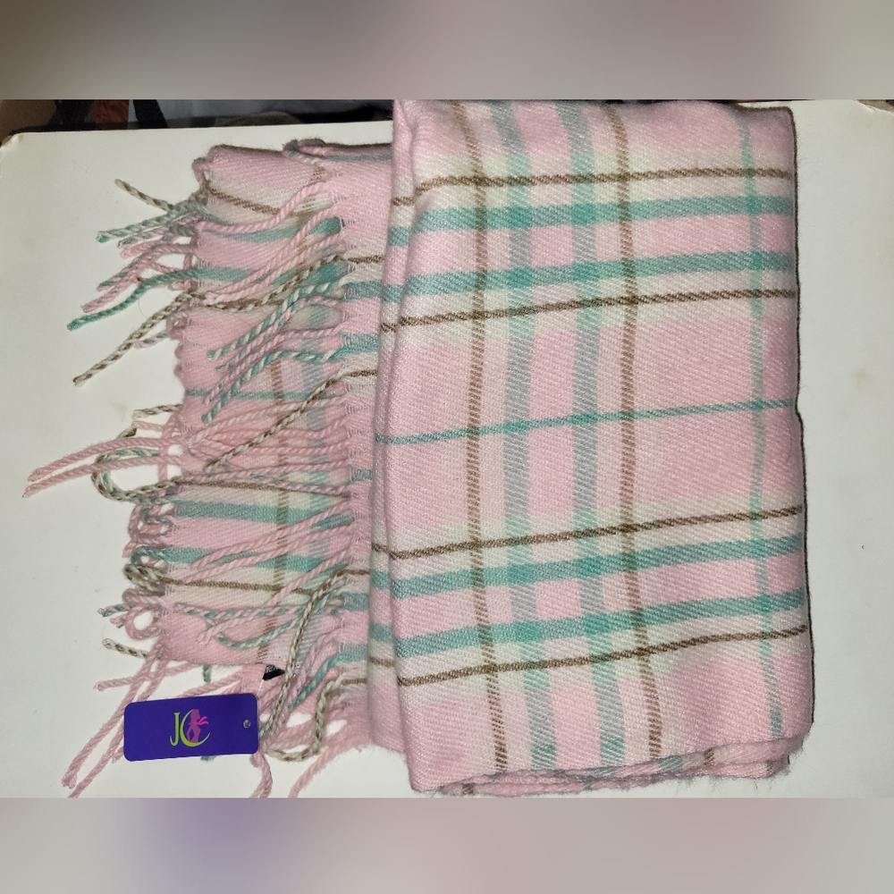 NWT Pink Green Check Cashmere Scarf